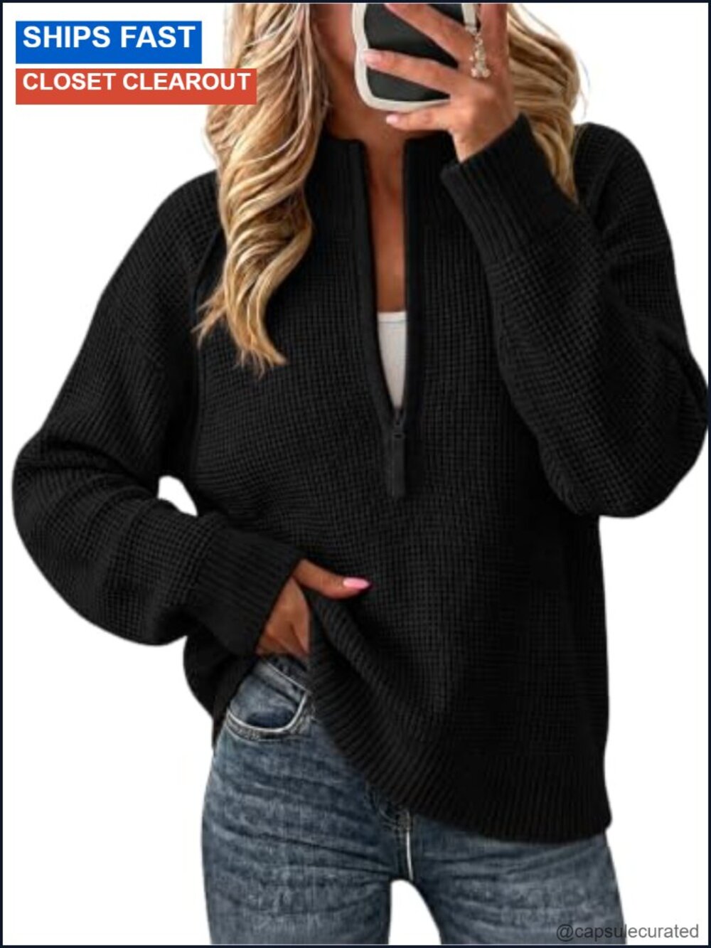 Waffle Knit Quarter Zip Pullover Sweater Long Sleeve Thumbhole